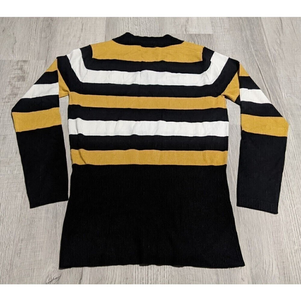 Ilanco Knit Tricot Women's Sz L Yellow Black White Stripe Top Viscose Sweater - Picture 5 of 8